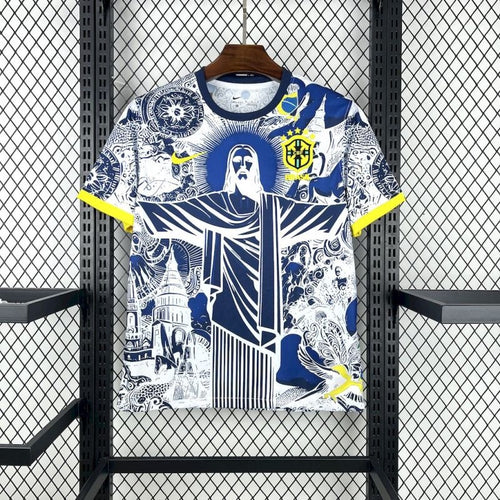 Camiseta Brasil Cristo Redentor Azul y Blanco 2025/26 Versión Fan