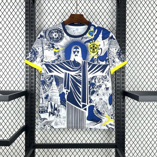 Camiseta Brasil Cristo Redentor Azul y Blanco 2025/26 Versión Fan
